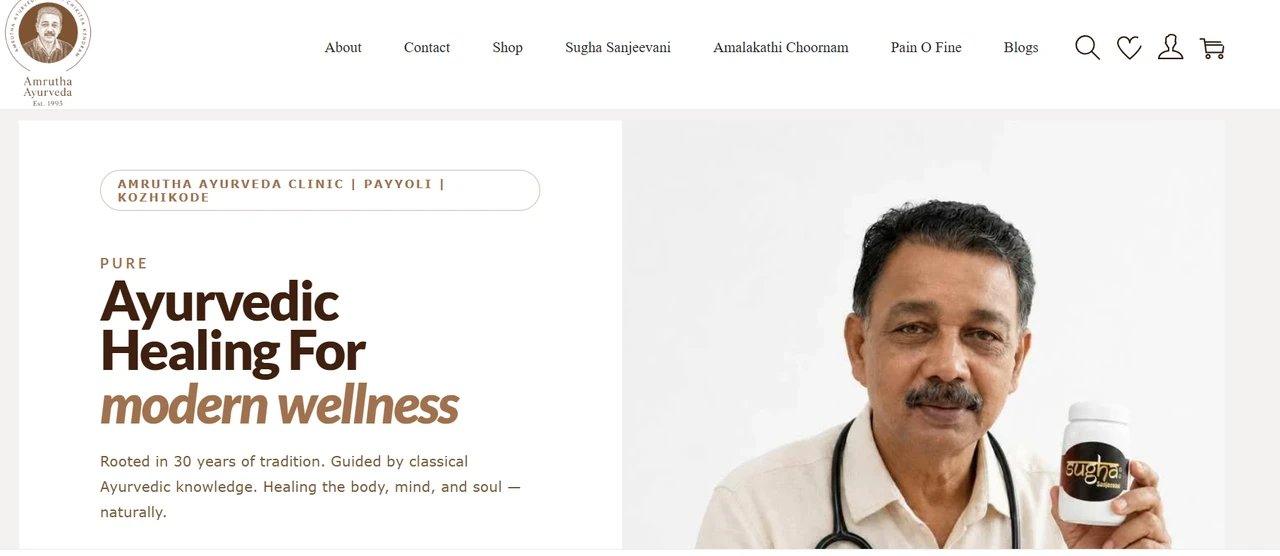 Amrutha Ayurveda Clinic website home page: “Ayurvedic Healing For modern wellness”