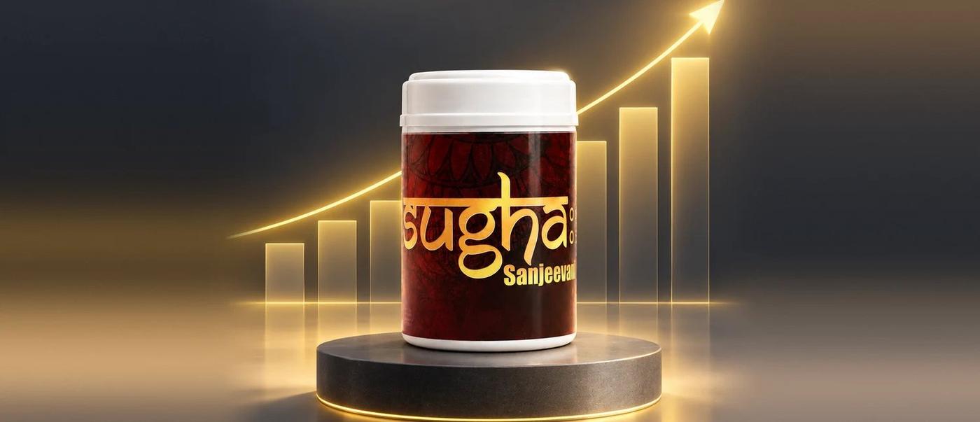 Sugha Sanjeevani jar on a dark podium in front of a glowing golden growth chart